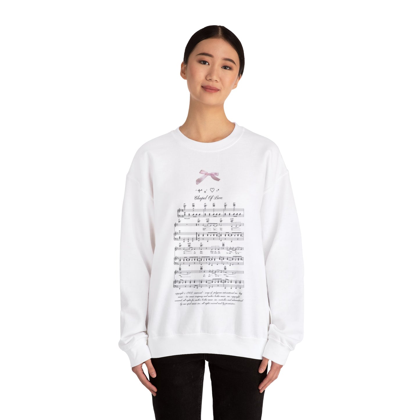 Chapel of Love Virgin Mary Lana Del Rey Pink Bow Lace Music Notes Coquette Lolita Dollette White Angel Grunge Crewneck Sweatshirt