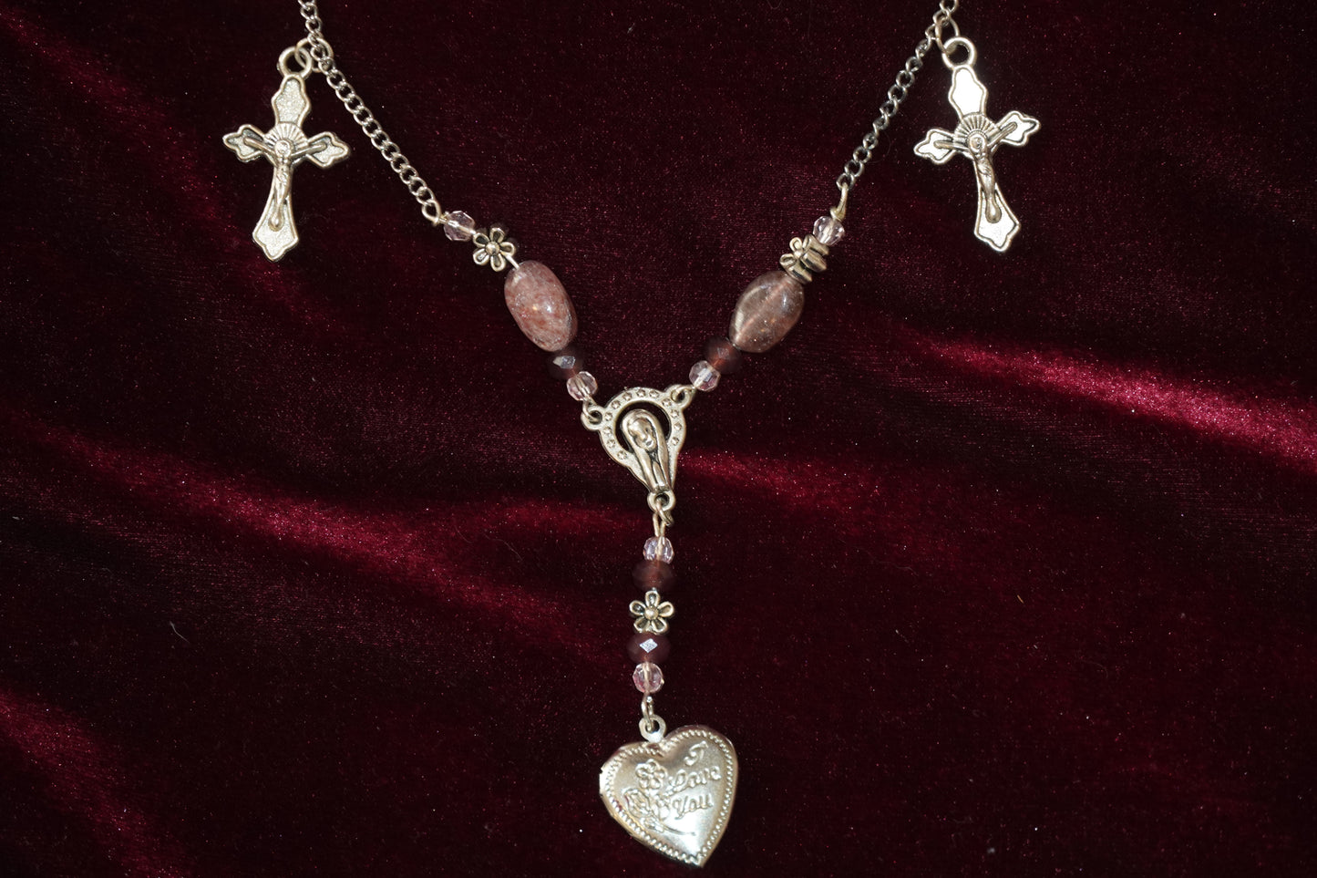 Strawberry Quartz Angel Antique Heart Rosary Necklace ♡