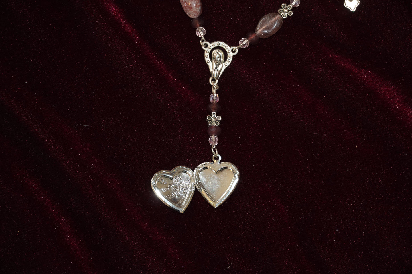 Strawberry Quartz Angel Antique Heart Rosary Necklace ♡